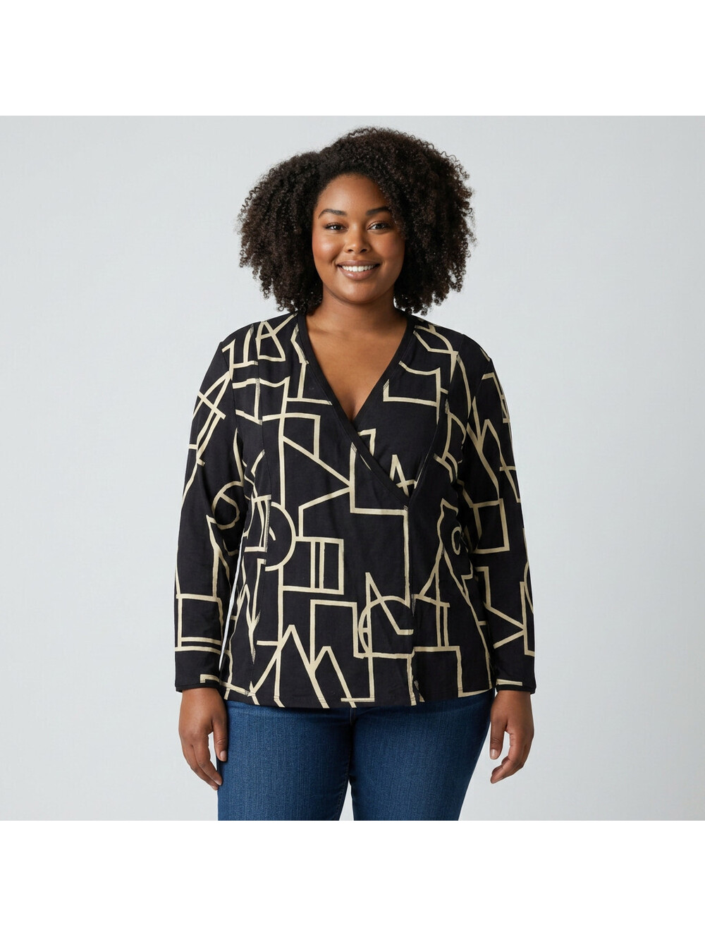 Dolcezza Blouse Women XL Black Geometric V-Neck Long Sleeve Pullover Casual